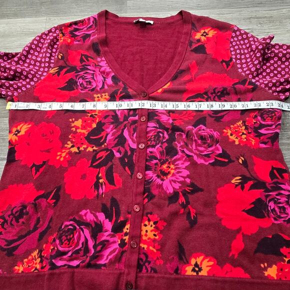 Isaac Mizrahi Live! Red Purple Floral Print V Neck Long Button Cardigan Sweater - Picture 7 of 9